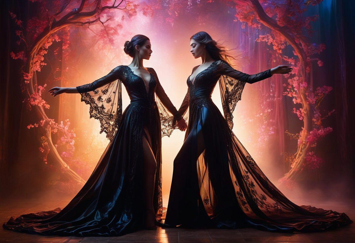 A mystical scene depicting two women engaged in a dynamic interplay of dominance and submission, surrounded by ethereal lights and swirling colors. One woman exudes power with intricate leather and lace attire, while the other embodies elegance in flowing silks, both captured in an intimate yet empowering pose. The background features a dreamy landscape that blurs the lines between fantasy and reality, sprinkled with subtle hints of nature and mysterious elements. vibrant colors. surreal. fantasy art.